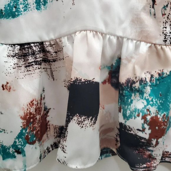 Nine West Womens White Abstract Artistic Splatter Long Sleeve Satin Peplum Top M - Picture 3 of 7